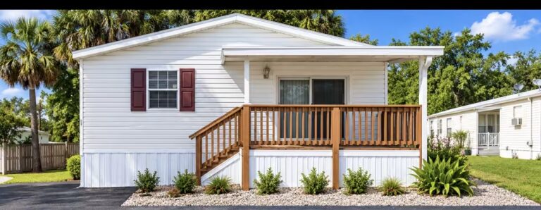 White mobile home with wooden porch, stairs, and red shutters, surrounded by palm trees and landscaping.
